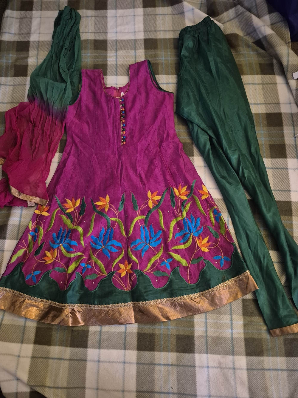 Girls Magenta Floral Embroidered Party Dress with Green Dupatta